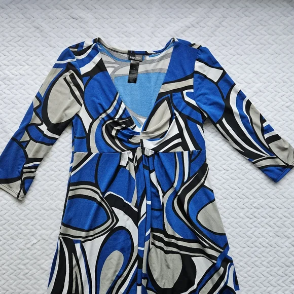 Bisou Bisou Blue Geometric Print Stretchy Dress Size 10 - Picture 2 of 10